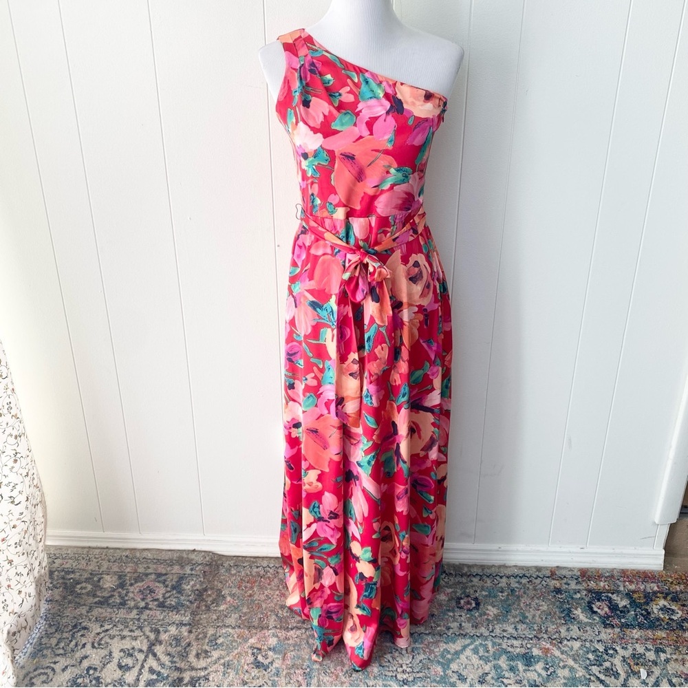 Tahari Pink One Shoulder Maxi Dress Side Slit Hot‎ Pink Satin Floral Size 2